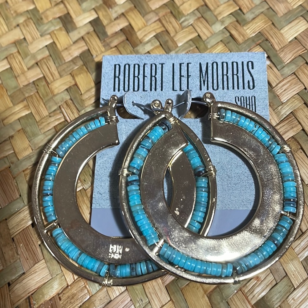 Robert Lee Morris Gold Tone Turquoise Hoop Earrings.